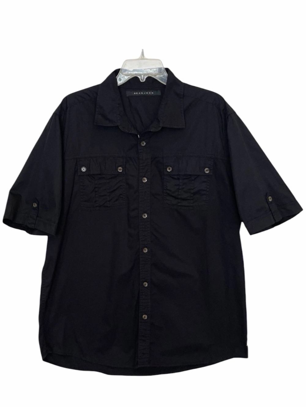 Sean John Utility Button Up Shirt Mens Size XL Black Cotton Twill Classic Fit